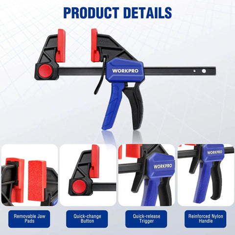 Front view of WORKPRO 6 Inch Light Duty Bar Clamps for Woodworking, showing features like quick-change button and reinforced handle.