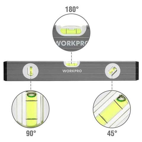 Pro Grade 3 Piece Torpedo Level Set With Magnetic 9 Inch Level And Non Magnetic 16 Inch And 24 Inch Levels showing bubble vials for 90, 45, 180 degree measurements.