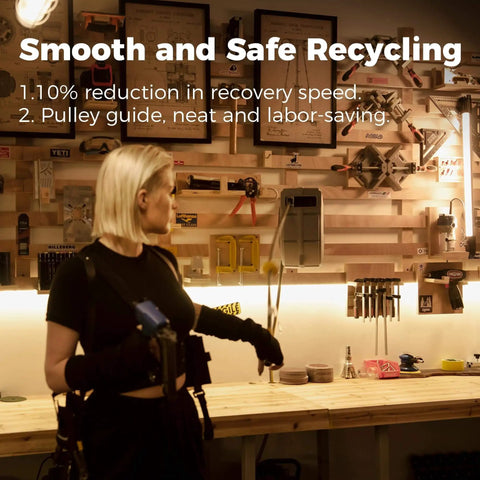 Woman in workshop with tools on wall, holding device; text reads 'Smooth and Safe Recycling' with benefits listed below.