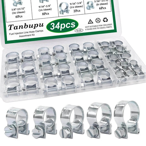34 Piece Worm Gear Hose Clamp Kit 8 To 18mm Range In Five Sizes One Quarter To Five Eighth Inch Heavy Duty Automotive Diesel Petrol Hose Clamps Zinc Plated Corrosion Resistant Includes Strong Storage Box.