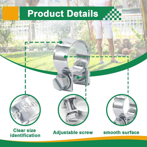 Close-up view of 34 Piece Worm Gear Hose Clamp Kit 8 To 18mm Range In Five Sizes One Quarter To Five Eighth Inch Heavy Duty Automotive Diesel Petrol Hose Clamps Zinc Plated Corrosion Resistant with adjustable screw display.