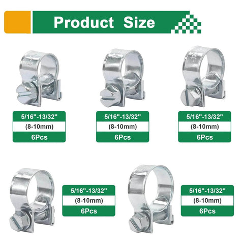 34 Piece Worm Gear Hose Clamp Kit 8 To 18mm Range In Five Sizes One Quarter To Five Eighth Inch Heavy Duty Automotive Diesel Petrol Hose Clamps Zinc Plated Corrosion Resistant Includes Strong Storage Box shown with clamps and size labels