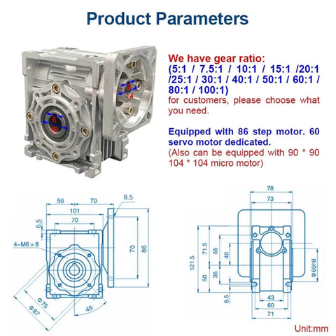 ✝️ Worm Gear Reducer 18 mm Shaft Size 1-Pack Nmrv40 Speed Reducer Worm with product dimensions and gear ratio options shown.