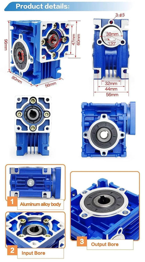Worm Gear Reducer 60 mm Shaft Size 1-Pack Nmrv030 with aluminum alloy body, detailed views of input and output bores for industrial systems