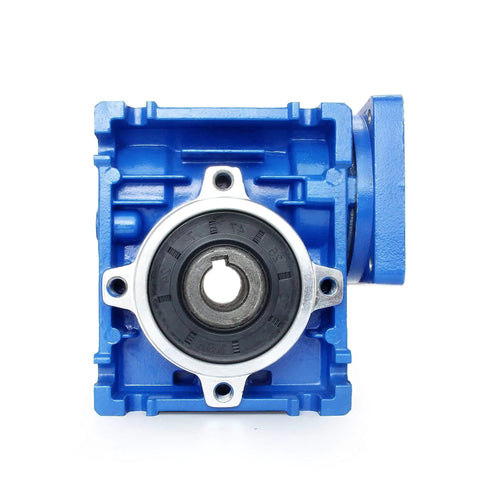 Front view of a blue ✝️ Worm Gear Reducer 60 mm Shaft Size 1-Pack Nmrv030 with strong housing for rotary equipment.