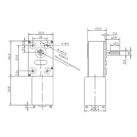 Technical drawing of ✝️ Worm Gear Reducer 6 mm Shaft Size 1-Pack 370Wg Worm Gear Electric dimensions and specifications.