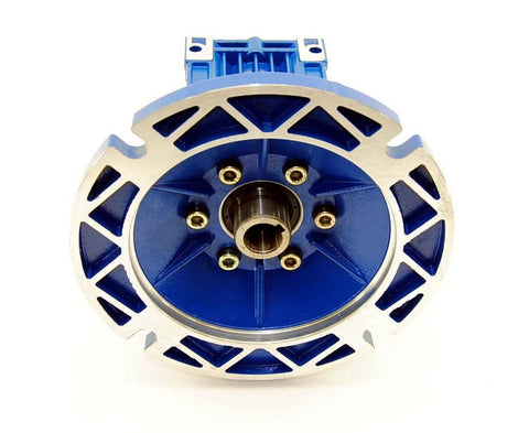 Front view of 5/8 Output Worm Gear 50:1 56C Speed Reducer showing blue body and silver flange details.