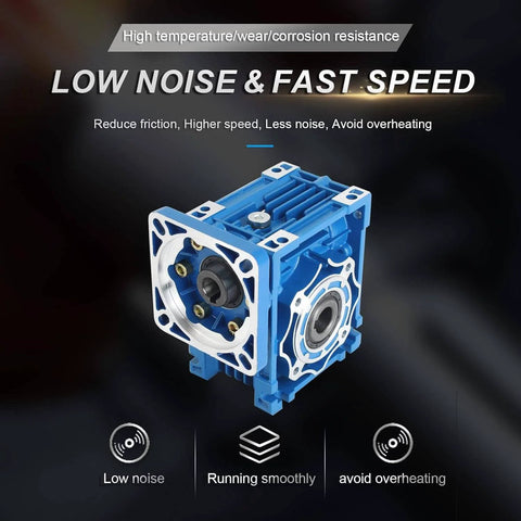 Blue Worm Gear Reducer 86 mm Shaft Size Nmrv040 unit showcased for power transmission efficiency with low noise and fast speed features.
