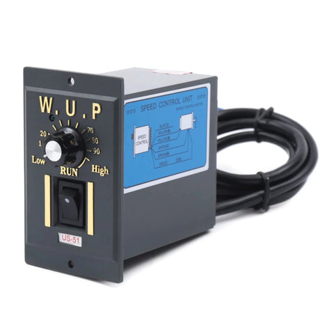 Speed control unit for worm gear reducer showing dial, switch, and wiring diagram for 14 mm shaft size 11 lb load capacity 110V 120W.