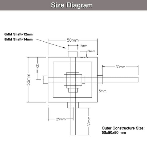Size diagram of 10:1 Right Angle Worm Gearbox 90° Angle Drive Steering Gear Device 20T Reduction Gearbox Simple Mechanical DIY Module
