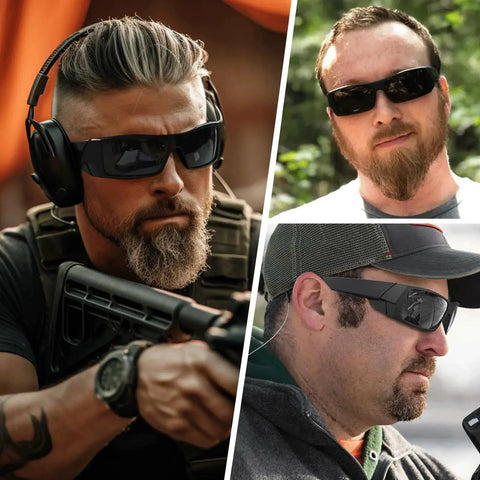 Men wearing Wraparound Rectangular Sunglasses For Men With UV400 And Z87 Rating Matte Black during outdoor activities