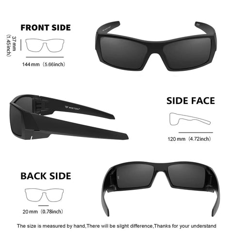 Wraparound Rectangular Sunglasses For Men With UV400 And Z87 Rating Matte Black showing front, side, and back views with dimensions