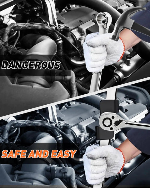 Comparison of someone using Wrench Extender Tool Bar For Universal Half Inch Drive, Boost Your Leverage And Loosen Stubborn Nuts And Bolts Like A Pro, Heavy Duty Mechanic Approved, Automotive Repair Companion, Compatible With QuickWolf Wrenches in automotive engine for safety.