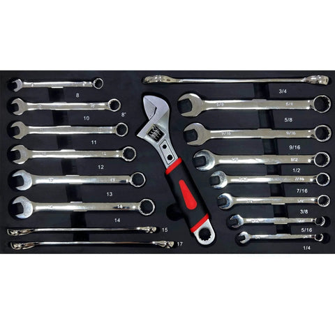 Assorted wrenches and adjustable spanner from the 439-Piece Mechanic Tool Set in Heavy-Duty 3-Drawer Steel Box