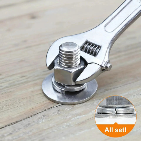 Wrench tightening bolt with Spring Lock Washer Set SAE Four To Three Quarter Inch 304 Stainless Steel on wooden surface.