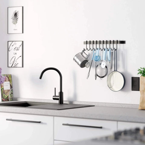 Gourmet Kitchen Rail with 10 Hooks, Wall Mounted Wrought Iron Hanging Utensil Holder Rack with Black 17 Inch, holding utensils above kitchen counter