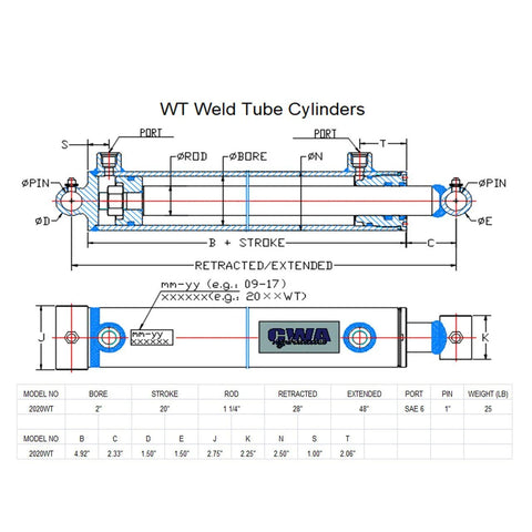 Diagram of WT Weld Tube Hydraulic Cylinder 2" Bore x 20" Stroke x 1 1/4" Rod x SAE 6 Port specifications