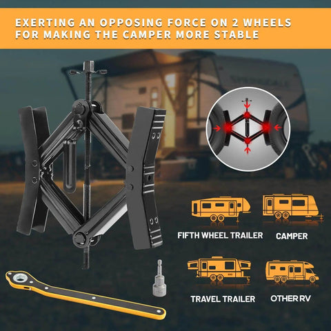 Heavy Duty Camper Wheel Chock Stabilizer Set For RVs And Travel Trailers, Double Speed Scissor Locking X Chock, Anti Rust Coating.