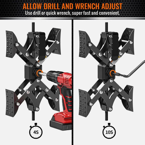 X-Shaped Wheel Chocks For Travel Trailers And RVs Drill-Adjustable 3 To 11.5 Inches 2-Pack Black in use with drill and wrench