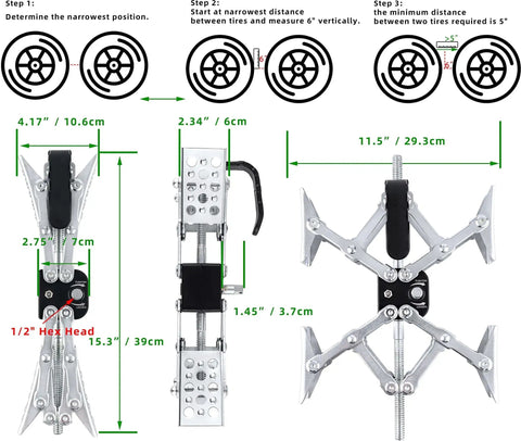 X Shaped RV Stabilizer Wheel Chock For Dual Axle Travel Trailers And Campers With Drill Adjust, showing dimensions and installation steps.
