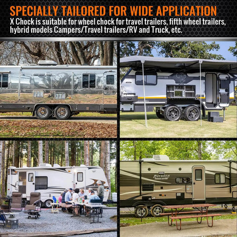 Image showing X-Shaped Wheel Chocks For Travel Trailers And RVs Drill-Adjustable 3 To 11.5 Inches 2-Pack Black used for RV stability.