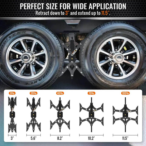 X-Shaped Wheel Chocks For Travel Trailers And RVs Drill-Adjustable 3 To 11.5 Inches 2-Pack Black With Solid Multi Fulcrum Design shown installed