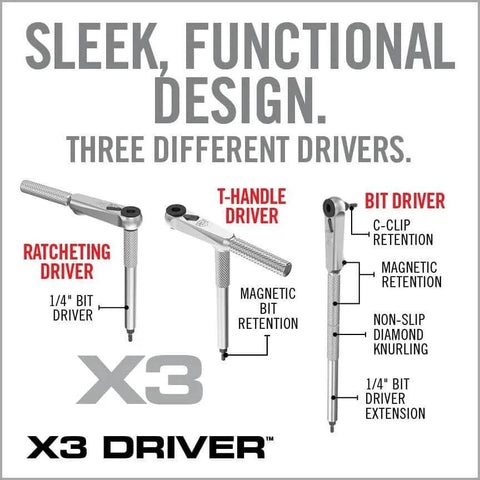 Diagram showing Real Avid Smart-Torq Fixed Limiter & X3 Driver Kit with ratcheting, T-handle, and bit drivers labeled with features.