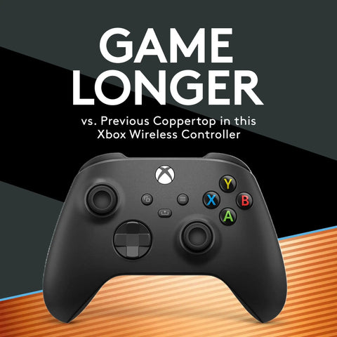Black Xbox wireless controller with text promoting longer gameplay using Optimum AA Batteries With Power Boost For Long Lasting Power 8 Count Pack