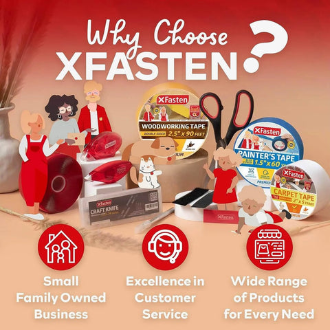 Promotional image featuring various XFasten tapes including Double Sided Woodworking Tape, along with scissors and craft knife.