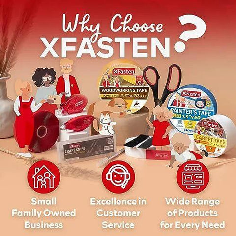 Promotional image featuring various XFasten tape products with illustrated characters and text highlighting family business values.