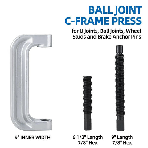 XL Ball Joint C Frame Press Kit showing C-frame and bolts for U Joints, Wheel Studs, and Brake Anchor Pins