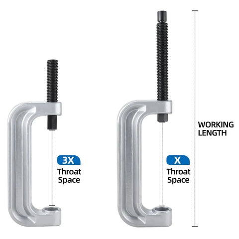 XL Ball Joint C Frame Press Kit for U Joints and Wheel Studs and Brake Anchor Pins with large throat space shown in two sizes