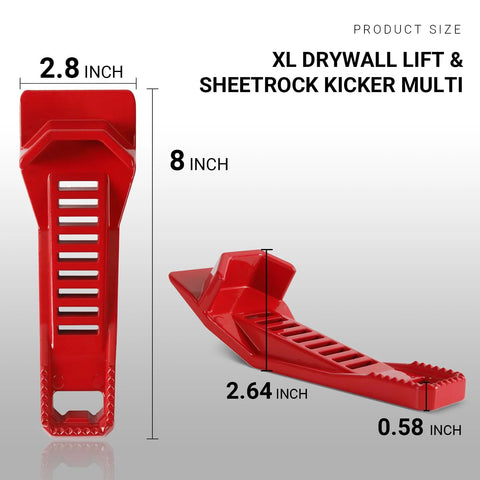 (2-Pack) XL Drywall Lift & Sheetrock Kicker Multi-Tool Set with Built-In Drywall Rasp Tool & Bottle Opener, product dimensions shown