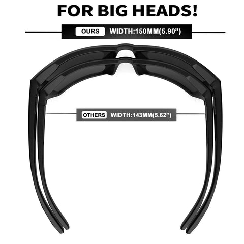 XL Wide Fit Z87 Sunglasses for Large Heads Men Women TR90 Ultralight UV400 Lenses with size comparison chart