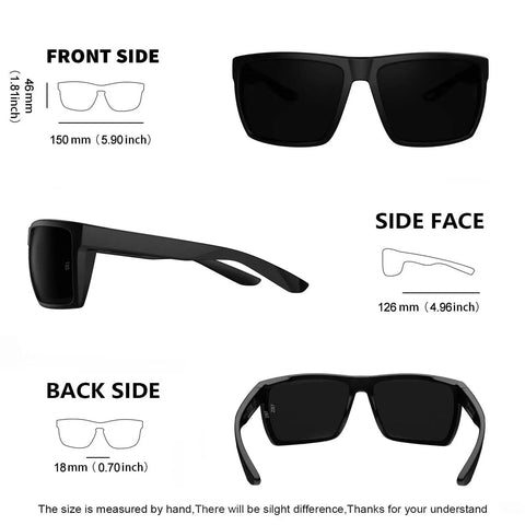 XL Wide Fit Z87 Sunglasses for Large Heads Men Women TR90 Ultralight UV400 Lenses front, side, and back view with measurements