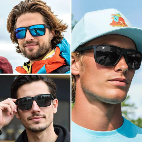 Three men wearing XL Wide Fit Z87 Sunglasses for Large Heads Men Women TR90 Ultralight UV400 Lenses, shown in outdoor settings.