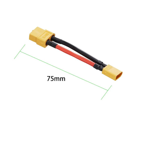 XT30 Male To XT60 Female Plug Connector Adapter Cable Set, 75mm length, showing silicone wire for LiPo batteries.