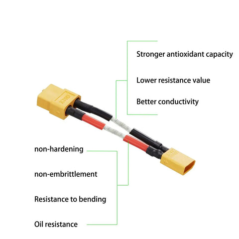 XT30 Male To XT60 Female Plug Connector Adapter Cable Set, 4 Pieces, close-up with 5cm 14AWG silicone wire for LiPo batteries.