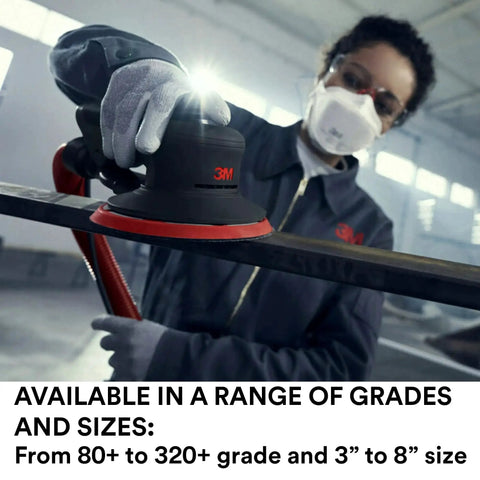 Person sanding metal with Xtract Net Discs 6 Inch 710W Sanding Discs Pack Of 50 Dust Free Hook And Loop on a random orbital sander