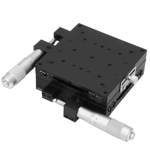 Linear Stages, XY axis Manual Fine-Tuning Cross Roller Precision Linear Stages 100 * 100 * 40mm shown with adjustment knobs