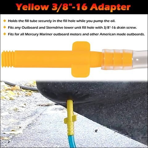 Lower Unit Gear Lube Fill Pump Set with Metric Adapter for Used with 32 oz Quart Bottles, compatible with Mercury Mariner outboards, showing yellow 3/8"-16 adapter in use