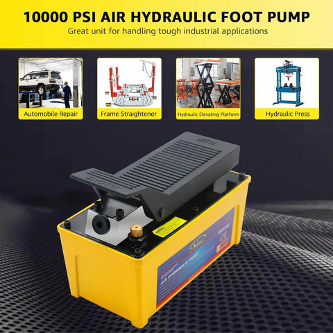 Yellow Air Hydraulic Pump, 10,000 PSI Foot Actuated Hydraulic Pump with 1/2 Gal Reservoir for Auto Body Frame Machines and Pulling Post.