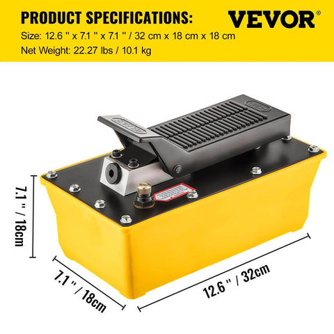 Air Hydraulic Pump, 10,000 PSI Hydraulic Foot Pump with 0.6 Gal Reservoir in yellow and black, shown with dimensions