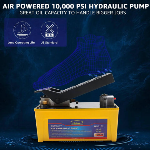Yellow Air Hydraulic Pump with 10,000 PSI, 1/2 Gal Reservoir, NPT 3/8" Oil Outlet, Foot Actuated for Auto Body Frame Machines