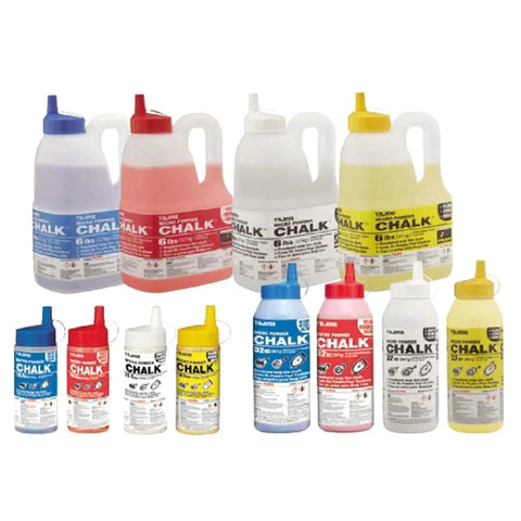 Variety of chalk bottles including Yellow Ultra Fine Snap Line Chalk, with sizes and colors for construction and carpentry use.