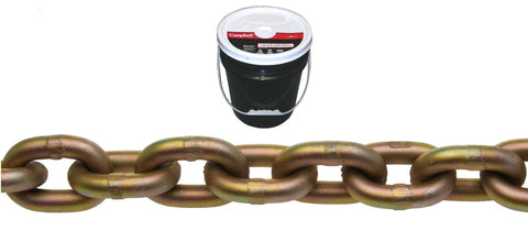0510613 System 7 Grade 70 Carbon Steel Transport Chain in Round Pail, Yellow Chromate, 3/8" Trade, 75' length shown with pail