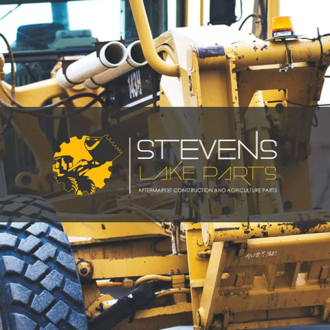 Yellow construction machinery with Stevens Lake Parts logo, showcasing aftermarket construction and agriculture parts.