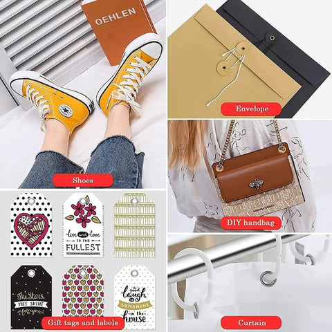 Collage featuring shoes, envelope, DIY handbag, gift tags, and curtain hook.