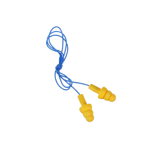 E A R UltraFit Corded Ear Plugs Premolded Triple Flange Comfort Fit No Roll Required Soft Washable Reusable Yellow with Blue Cord