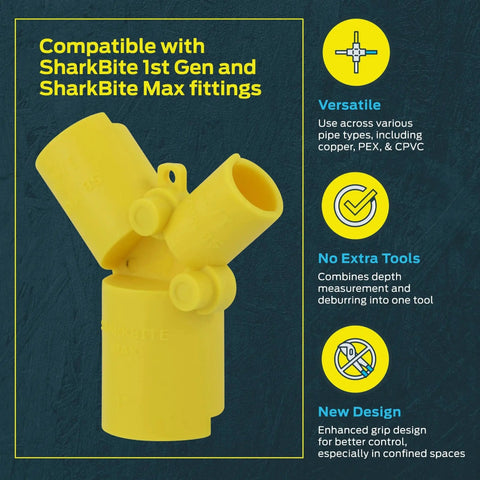 Brass Push Depth Gauge And Deburring Tool for Copper and Plastic Pipe showing compatibility with SharkBite fittings and features